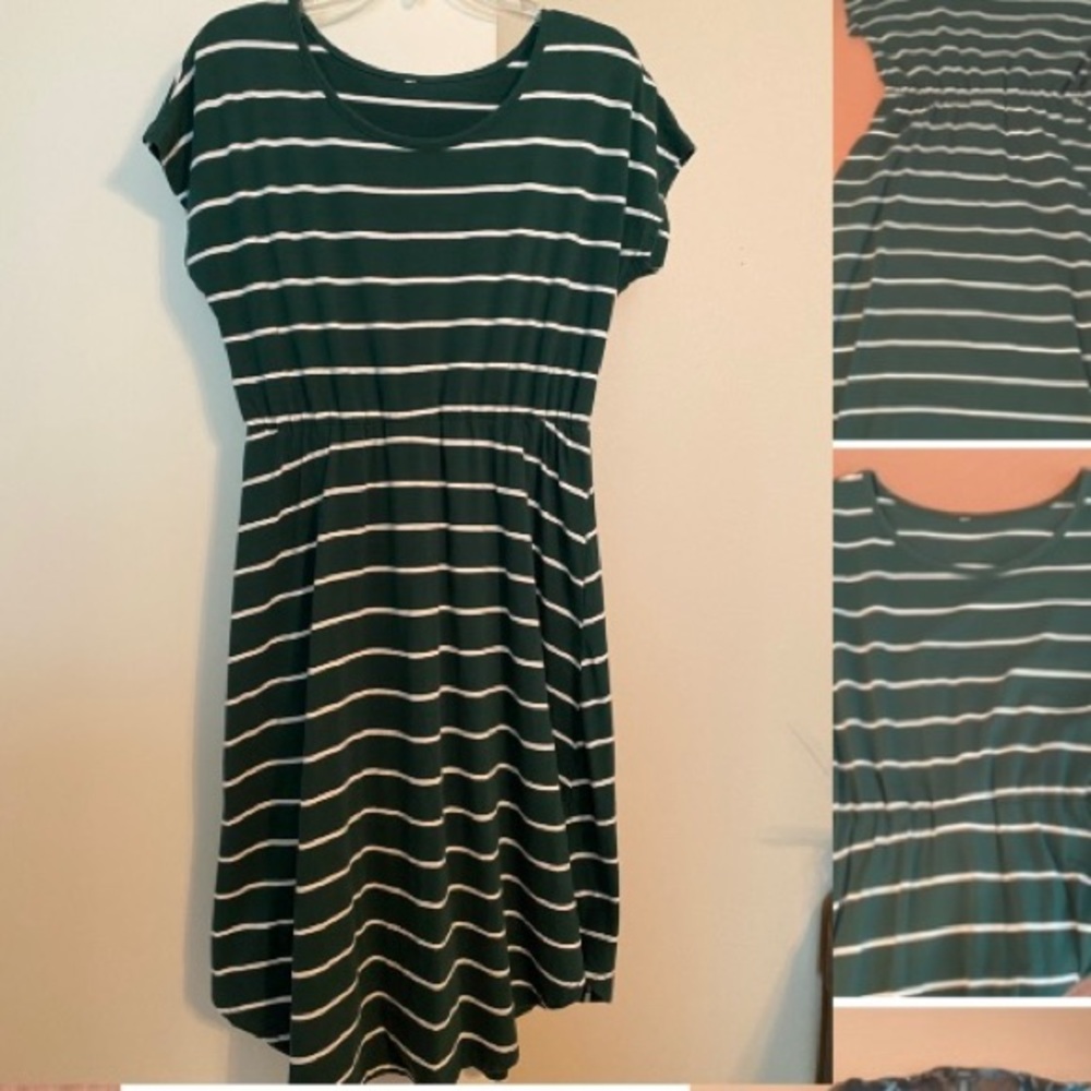 Comfy green/white striped cotton blend dress